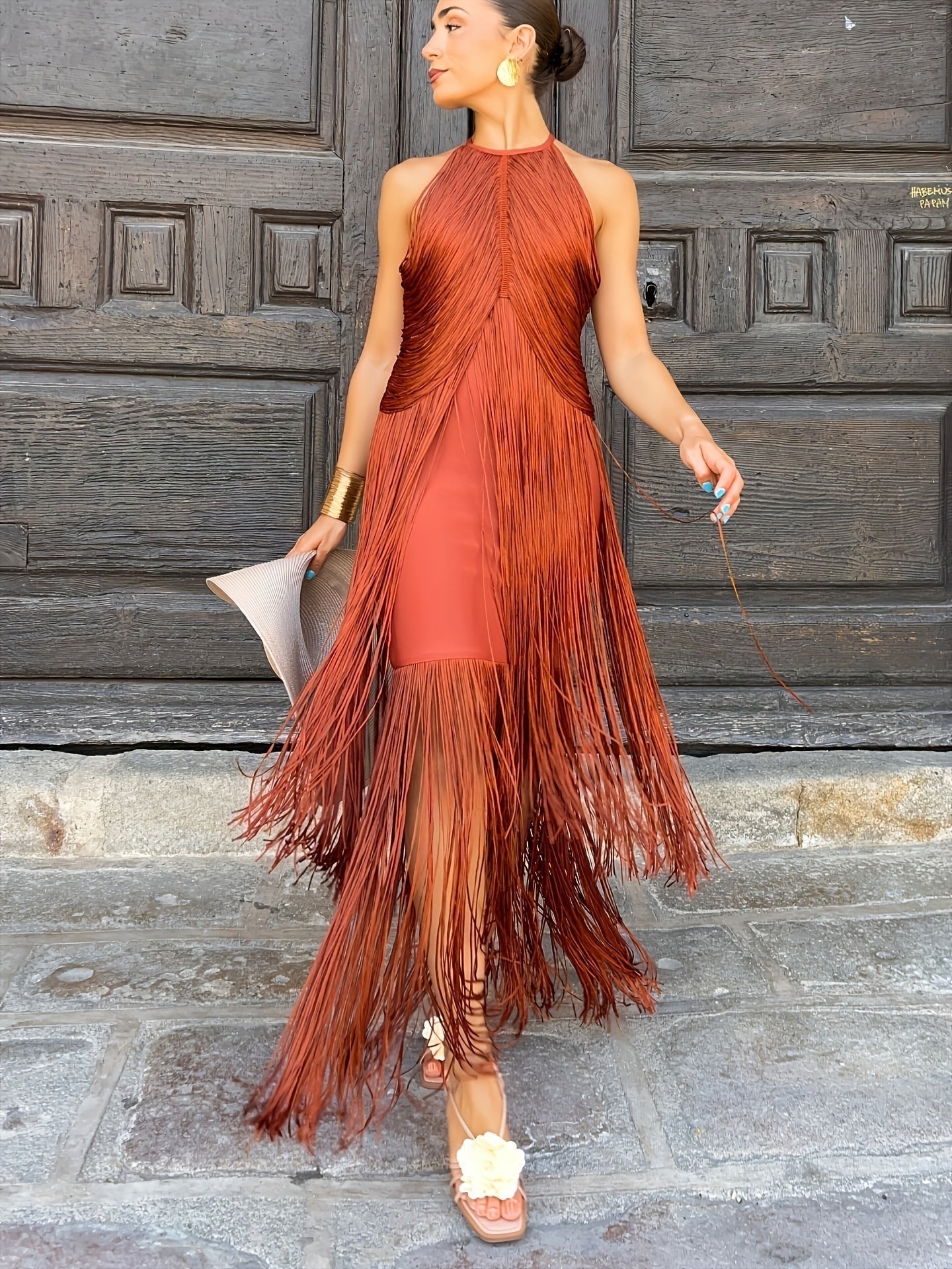Robe longue à franges col halter orange pour femme