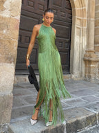 Robe longue à franges col halter vert pour femme