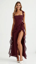 Robe longue à volants et fente pour femme