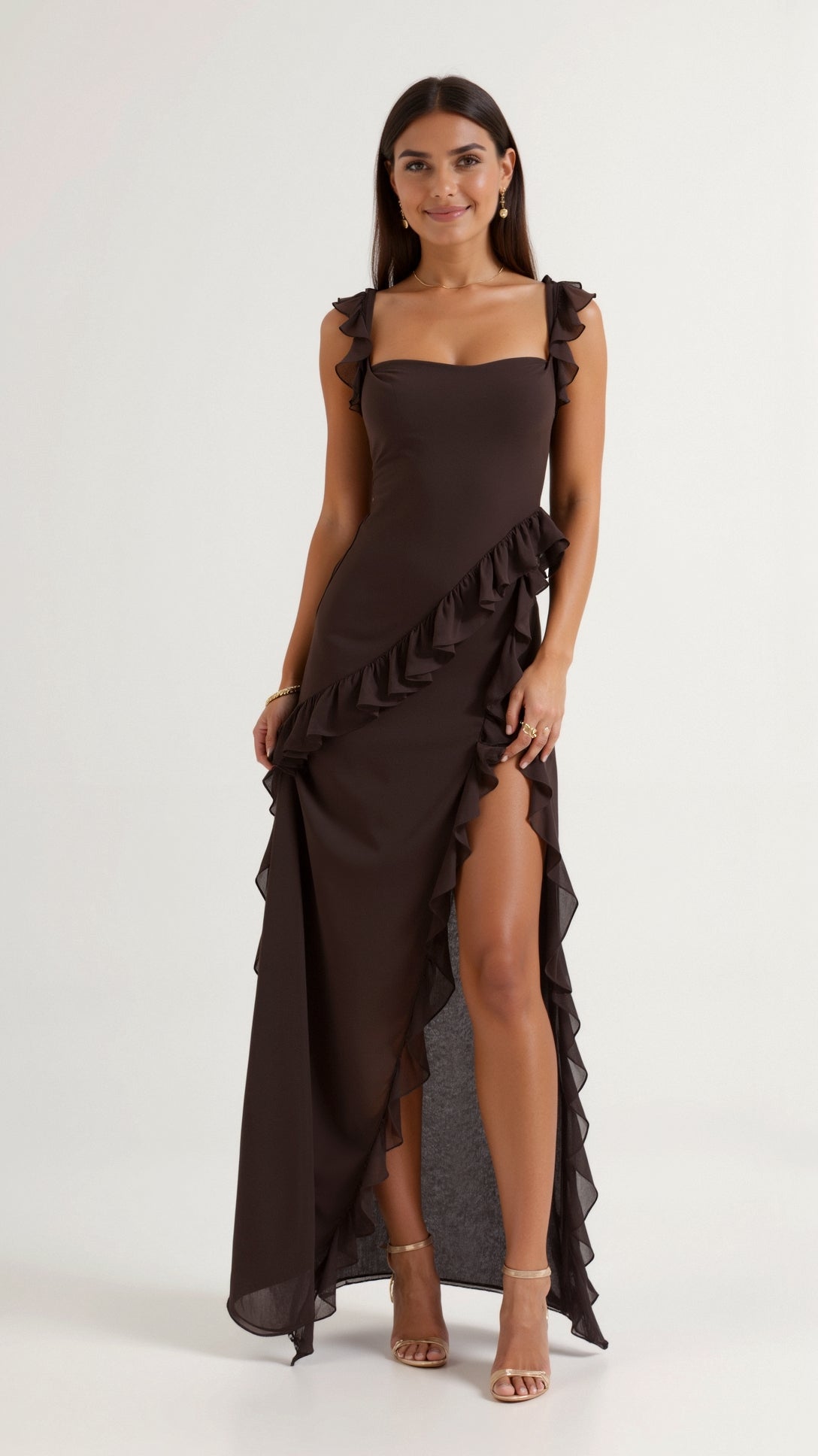 Robe longue à volants et fente pour femme
