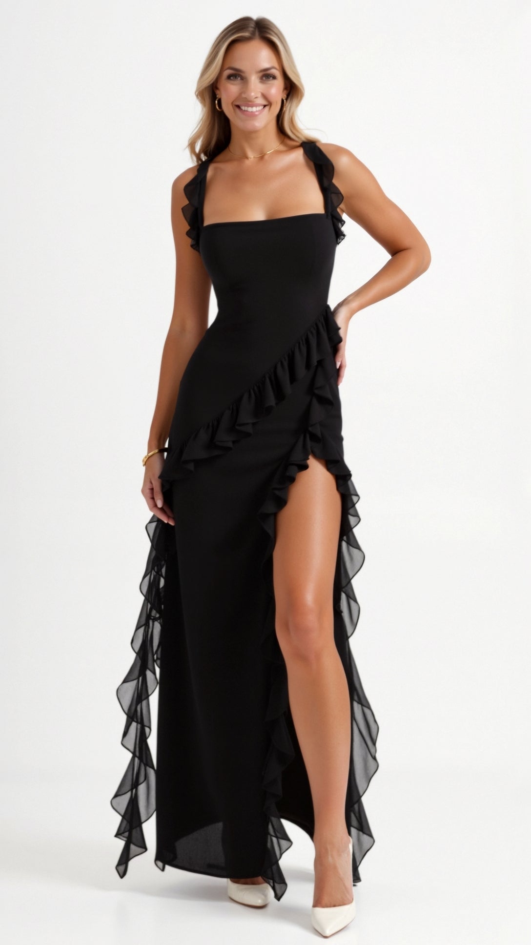 Robe longue à volants et fente pour femme