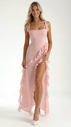 Robe longue à volants et fente pour femme