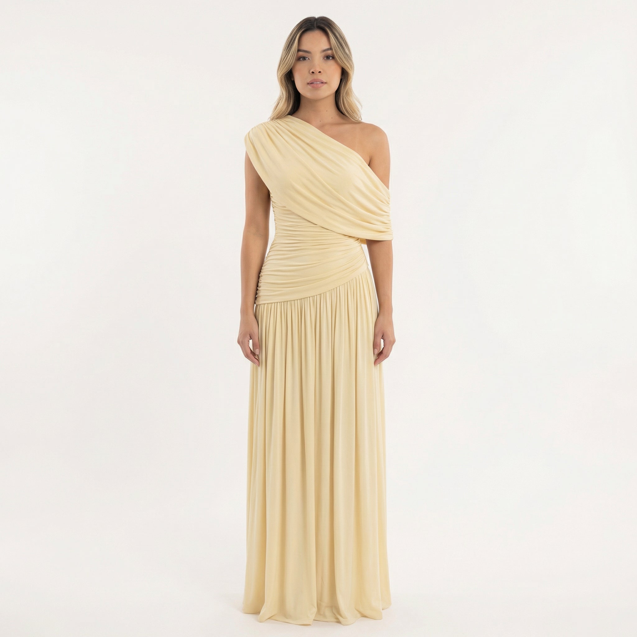 Robe longue asymétrique drapée une épaule abricot pour femme