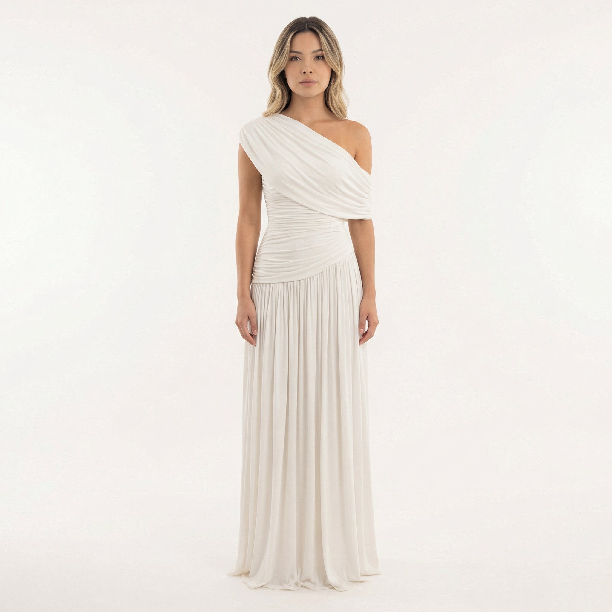 Robe longue asymétrique drapée une épaule blanc pour femme