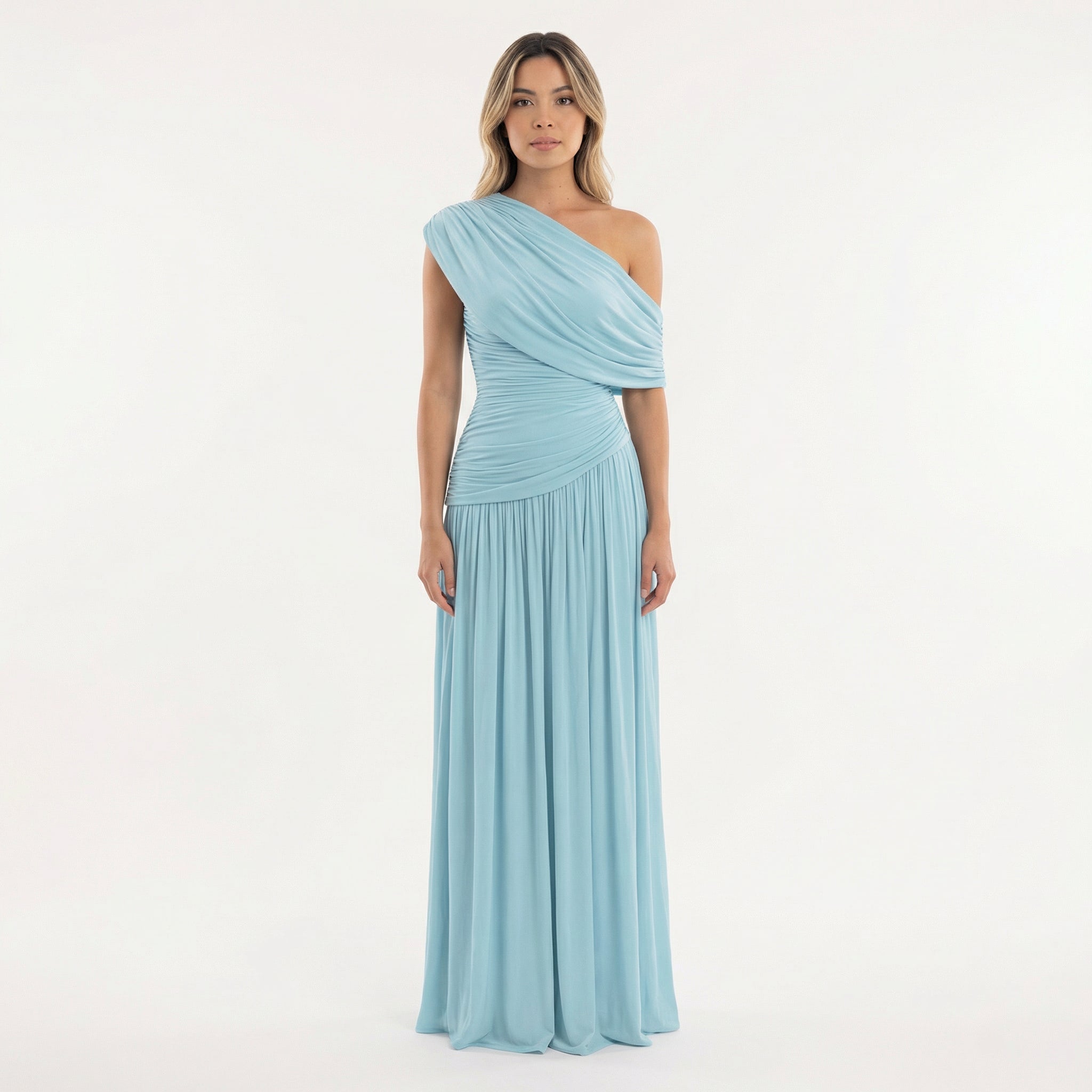 Robe longue asymétrique drapée une épaule bleu ciel pour femme