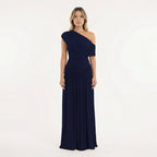 Robe longue asymétrique drapée une épaule bleu marine pour femme