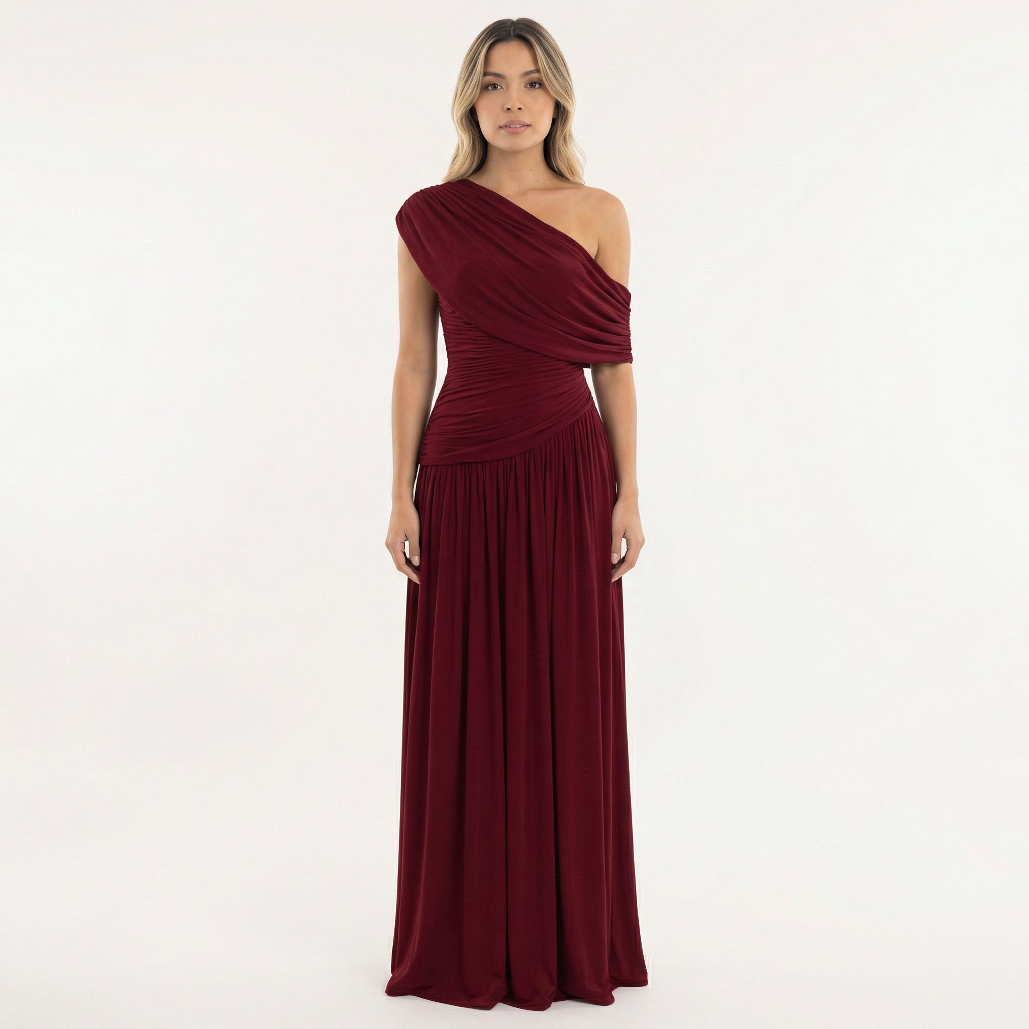 Robe longue asymétrique drapée une épaule bordeaux pour femme