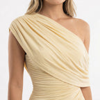 Robe longue asymétrique drapée une épaule pour femme