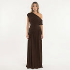 Robe longue asymétrique drapée une épaule marron pour femme