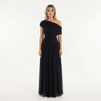 Robe longue asymétrique drapée une épaule noir pour femme