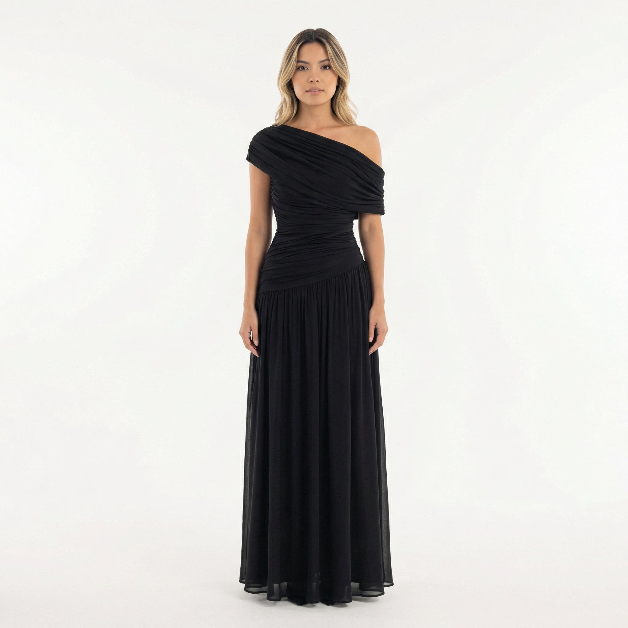 Robe longue asymétrique drapée une épaule noir pour femme