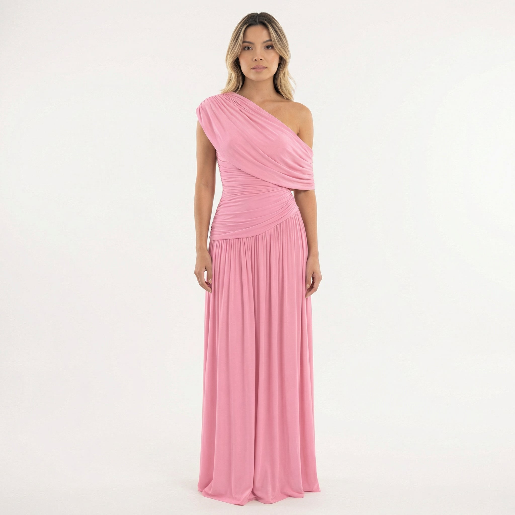 Robe longue asymétrique drapée une épaule rose pour femme