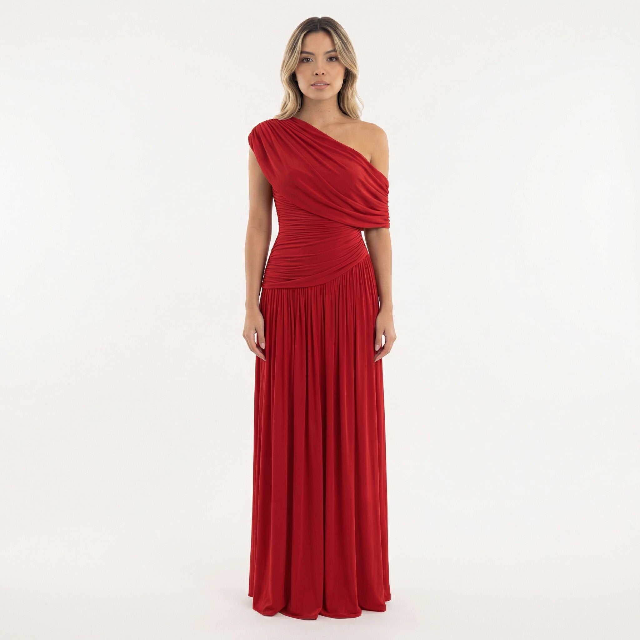 Robe longue asymétrique drapée une épaule rouge pour femme