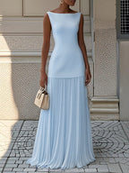 Robe longue bicolore à jupe plissée bleu pour femme