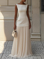 Robe longue bicolore à jupe plissée crème pour femme