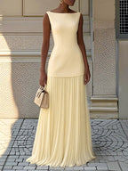 Robe longue bicolore à jupe plissée jaune pour femme