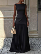 Robe longue bicolore à jupe plissée noir pour femme