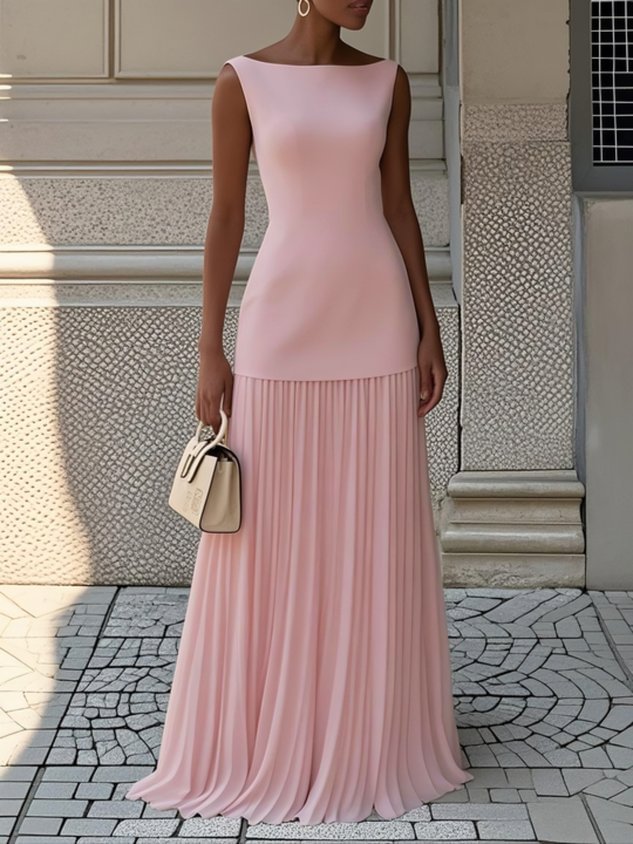 Robe longue bicolore à jupe plissée rose pour femme