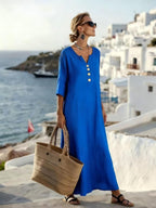 Robe longue boutonnée manches trois quarts bleu pour femme