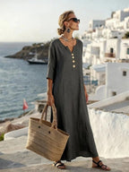 Robe longue boutonnée manches trois quarts gris pour femme