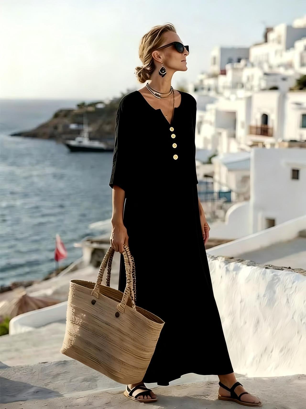 Robe longue boutonnée manches trois quarts noir pour femme