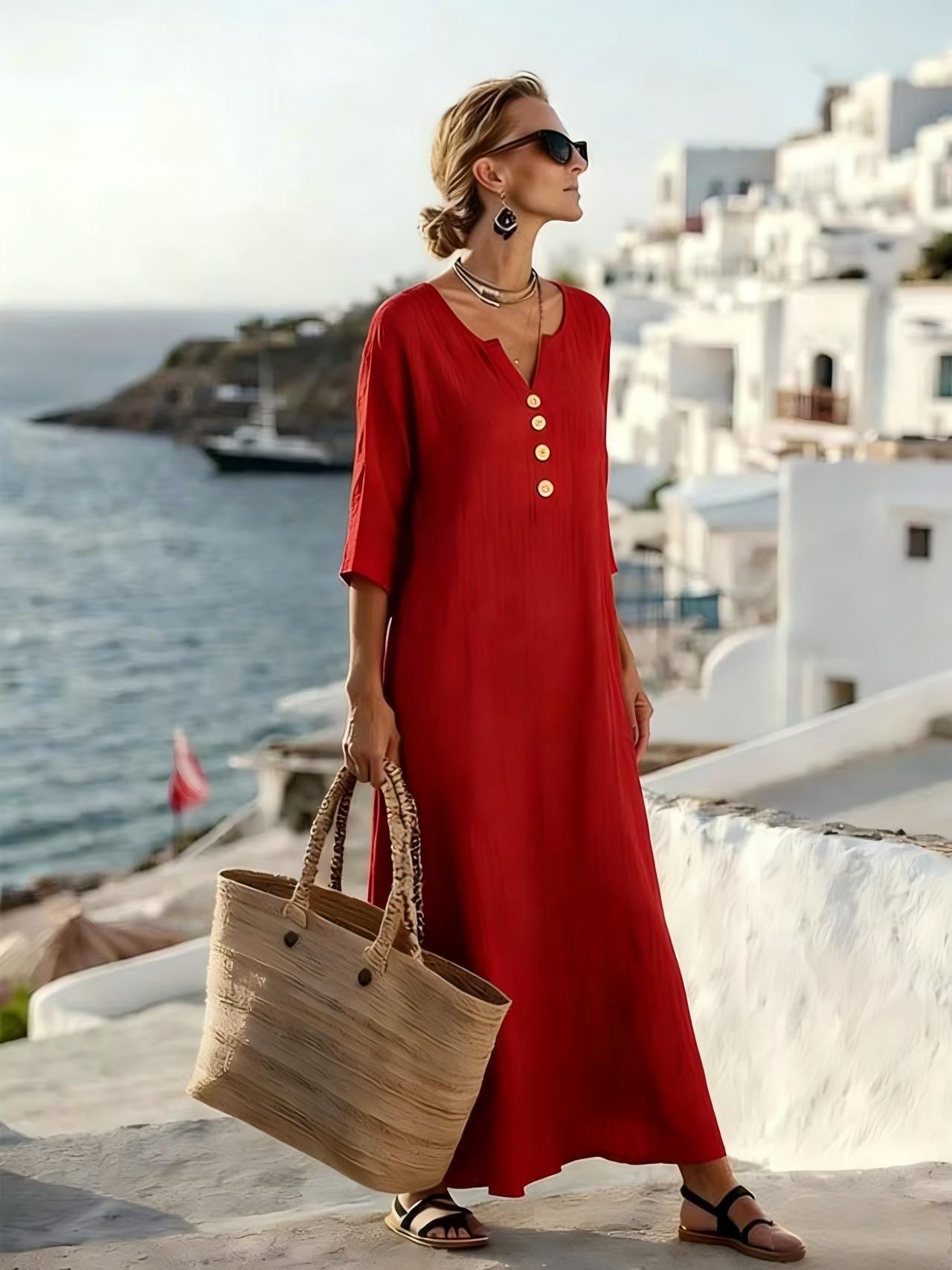 Robe longue boutonnée manches trois quarts rouge pour femme