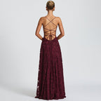 Robe longue brodée à fines bretelles pour femme