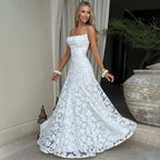 Robe longue brodée à fines bretelles pour femme