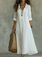 Robe longue brodée col à volants manches 3/4 pour femme