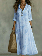 Robe longue brodée col à volants manches 3/4 pour femme