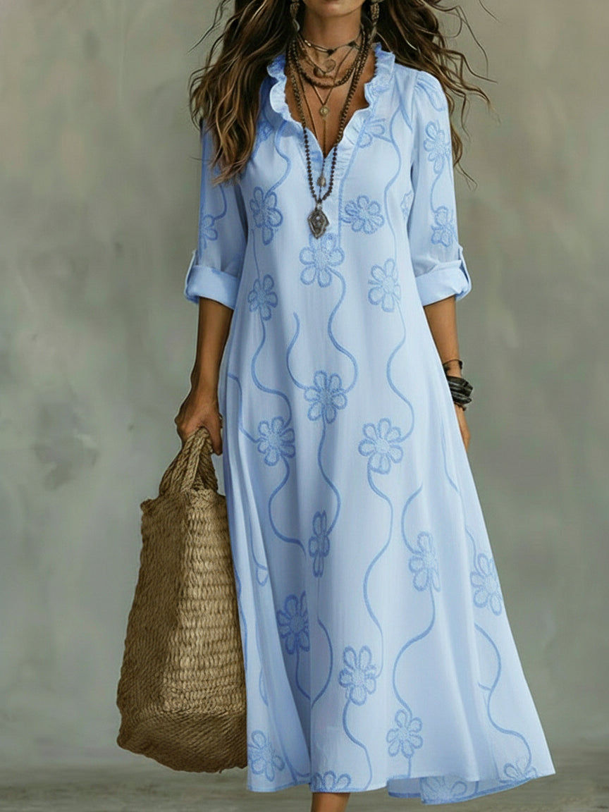 Robe longue brodée col à volants manches 3/4 pour femme