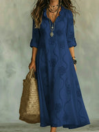 Robe longue brodée col à volants manches 3/4 pour femme