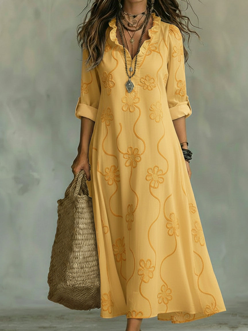 Robe longue brodée col à volants manches 3/4 pour femme