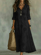 Robe longue brodée col à volants manches 3/4 pour femme