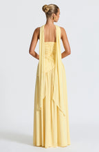 Robe longue bustier avec col foulard et fente pour femme