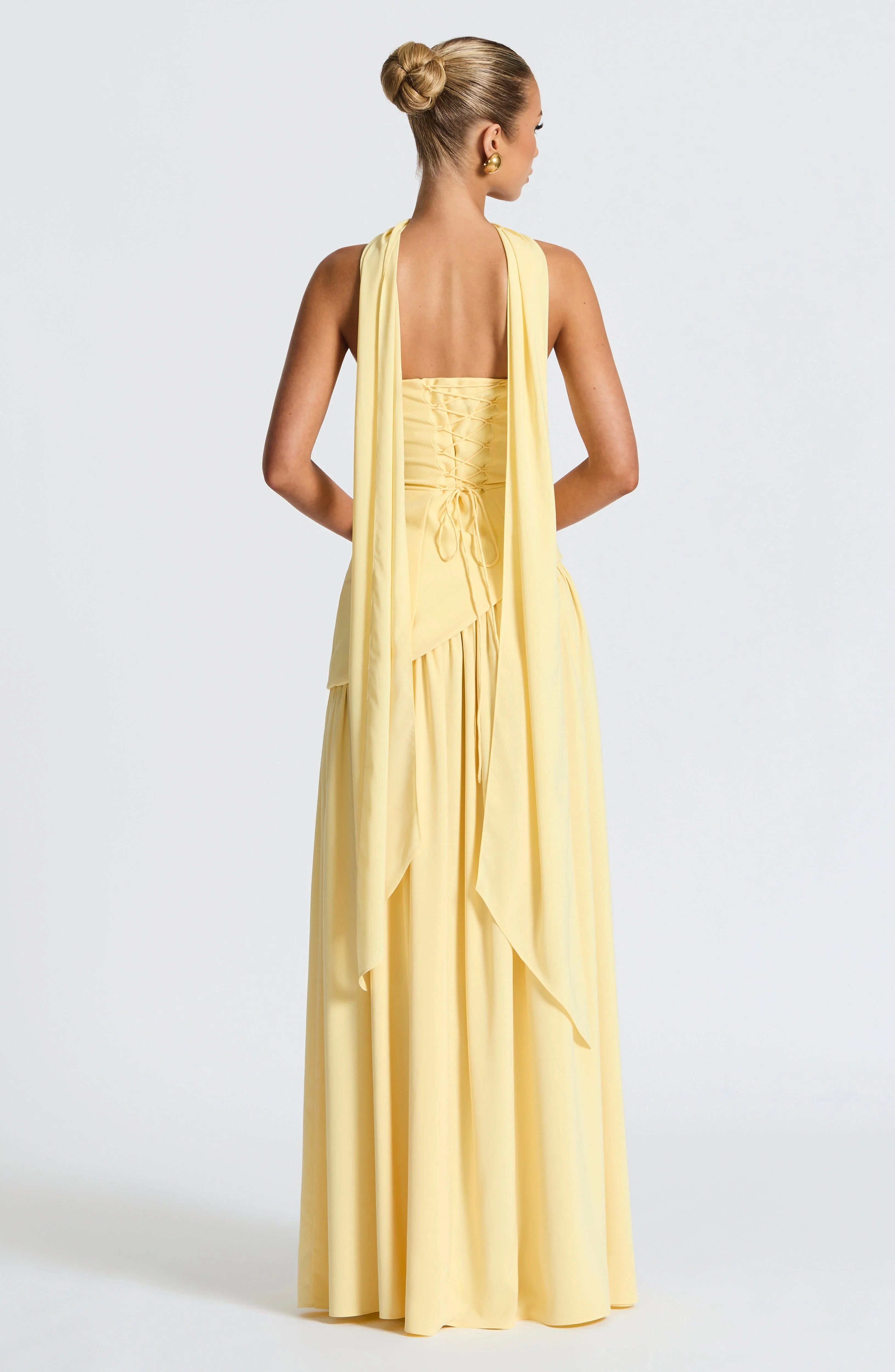Robe longue bustier avec col foulard et fente pour femme