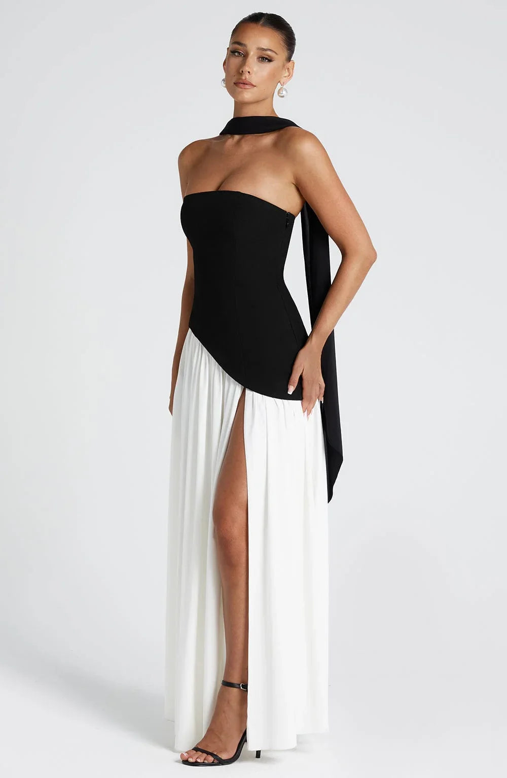 Robe longue bustier avec col foulard et fente pour femme