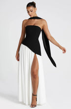 Robe longue bustier avec col foulard et fente pour femme