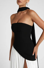 Robe longue bustier avec col foulard et fente pour femme