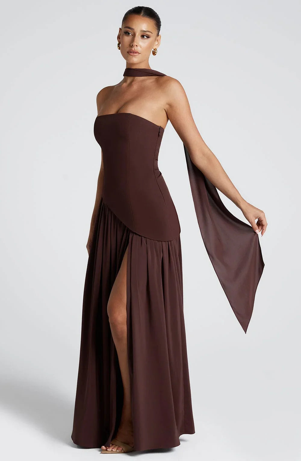 Robe longue bustier avec col foulard et fente pour femme