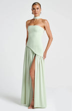 Robe longue bustier avec col foulard et fente pour femme