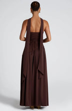 Robe longue bustier avec col foulard et fente pour femme