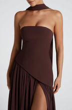 Robe longue bustier avec col foulard et fente pour femme