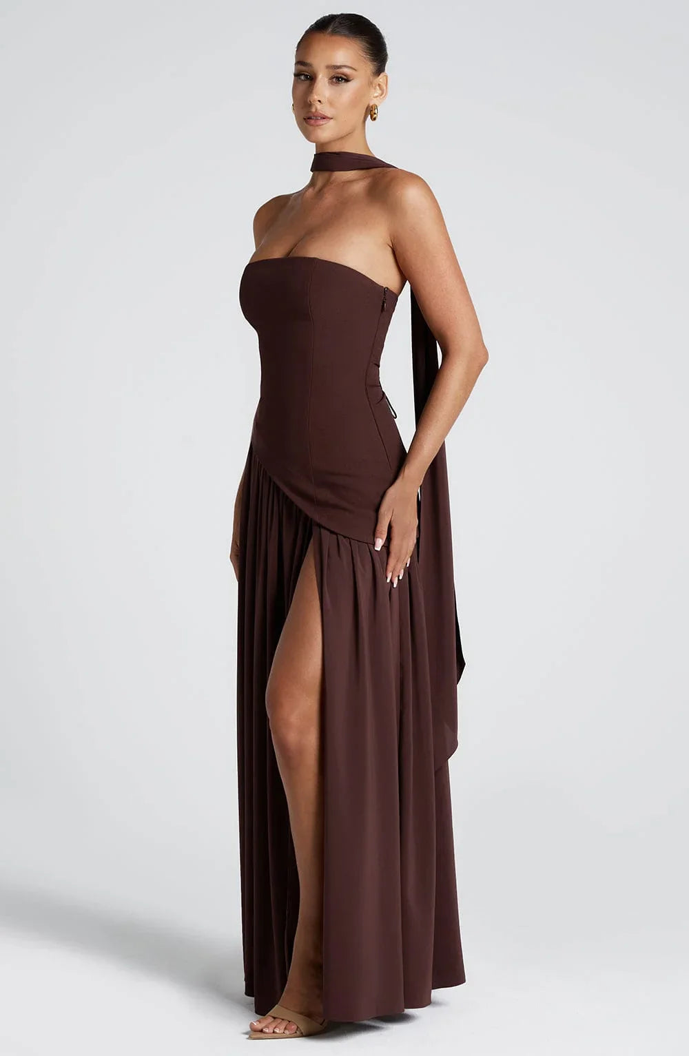 Robe longue bustier avec col foulard et fente pour femme