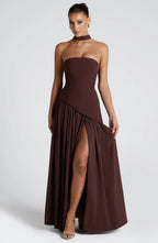 Robe longue bustier avec col foulard et fente pour femme