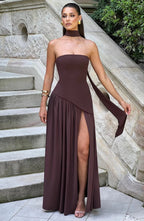Robe longue bustier avec col foulard et fente pour femme