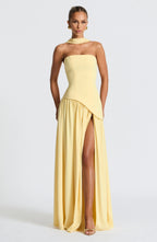Robe longue bustier avec col foulard et fente pour femme