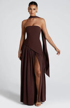 Robe longue bustier avec col foulard et fente pour femme