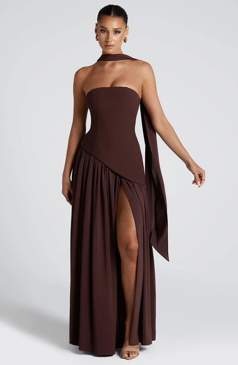 Robe longue bustier avec col foulard et fente pour femme