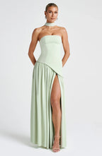 Robe longue bustier avec col foulard et fente pour femme